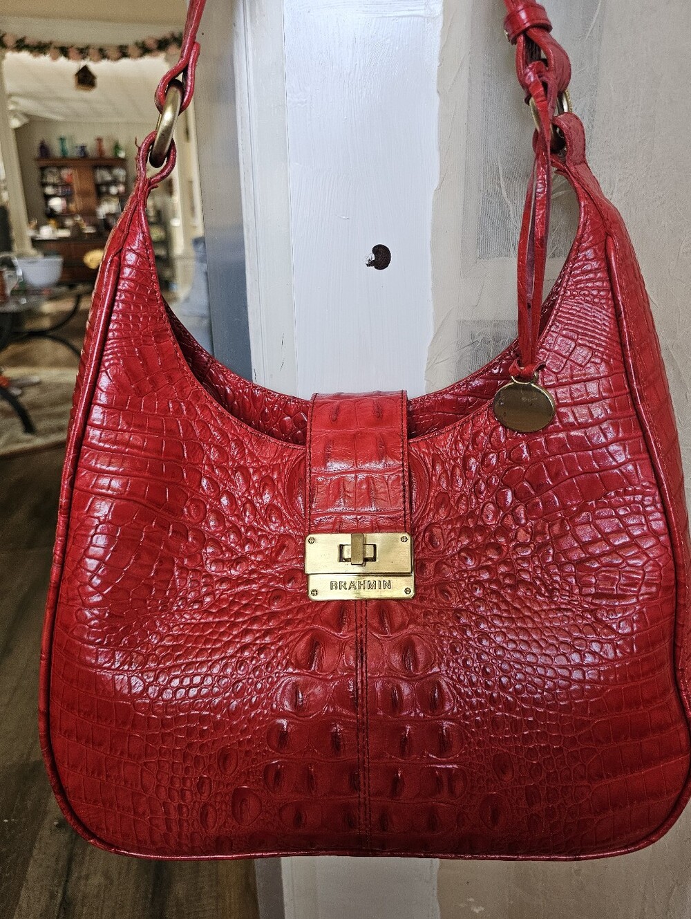 Brahmin Red Croc-Embossed Shoulder Bag with Gold Hardware , Excellent Condition